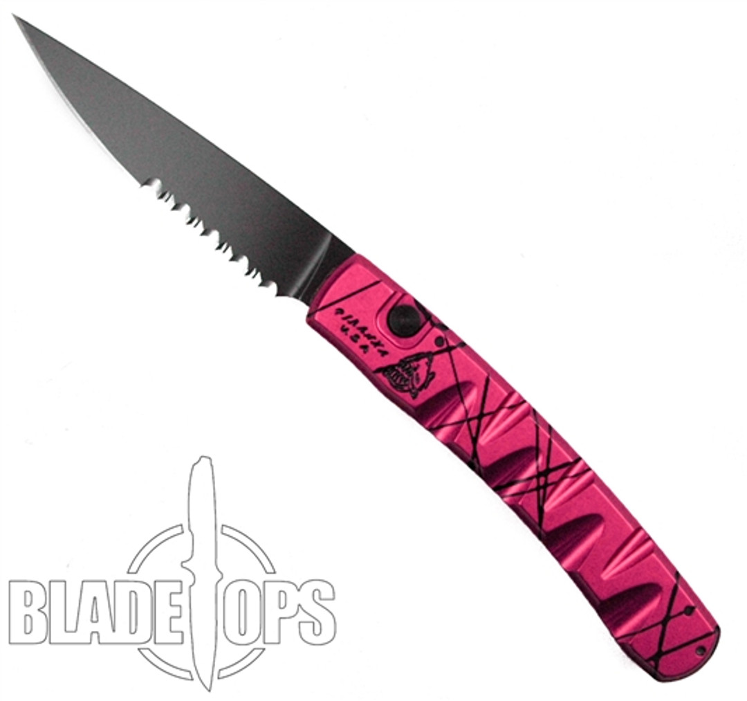 Piranha Pink Virus Tactical Auto Knife, Black Combo Blade