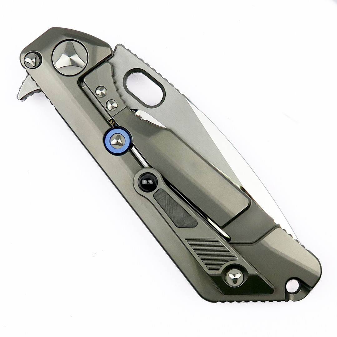 Marfione Custom Knives Blade Show 2017 Strider MSG 3.5 Titanium Flipper Knife, Meterorite Inlay, Mirror Polish Blad, clip view