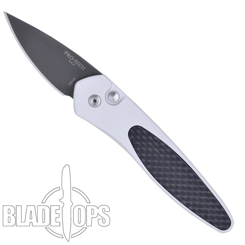 ProTech Half Breed Auto Knife, Silver Handle, Carbon Fiber Inlay, Black Blade, 3612