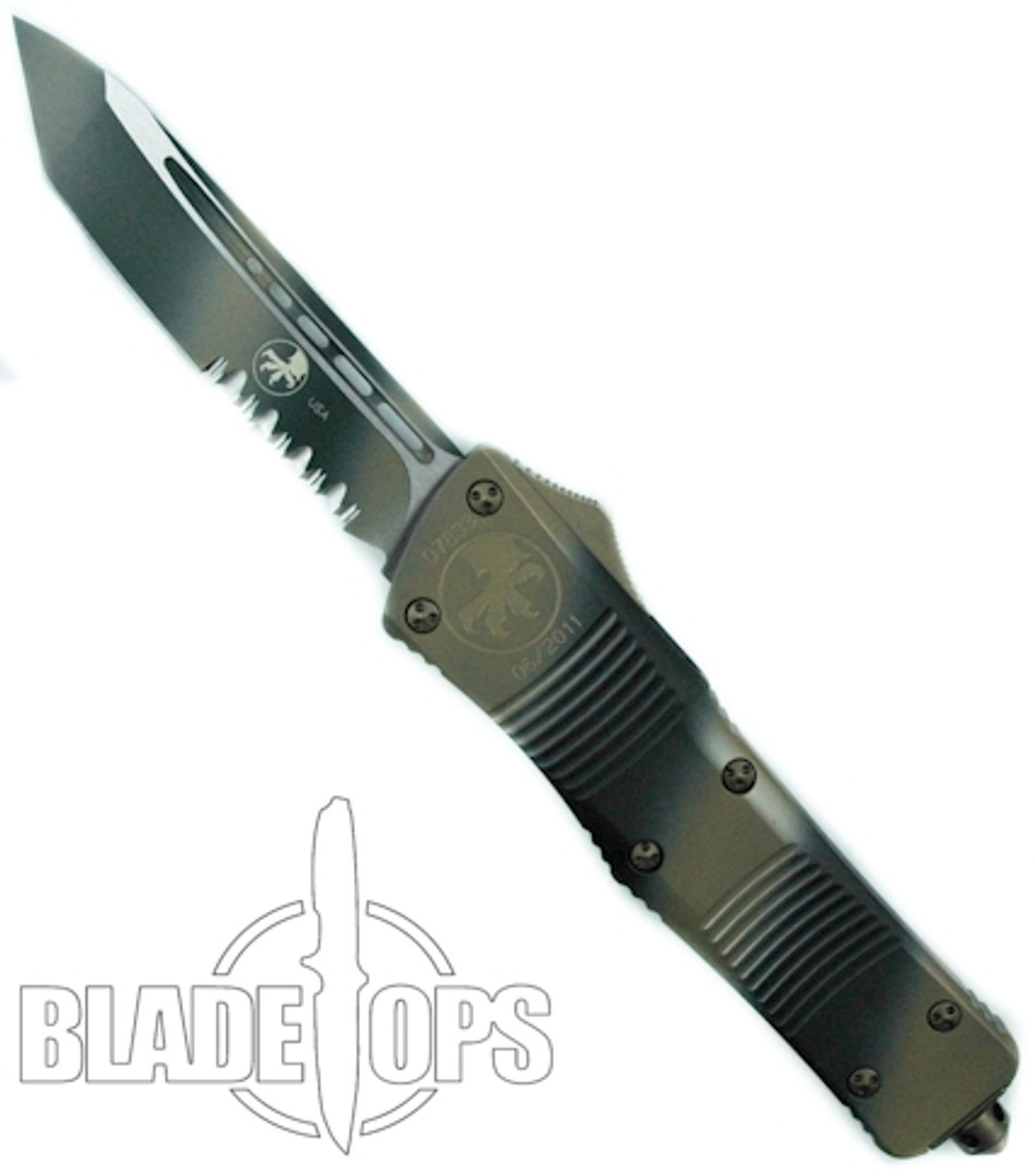 Microtech Tan Camo Combat Troodon OTF Knife,Tanto Combo Blade, 144-2TC