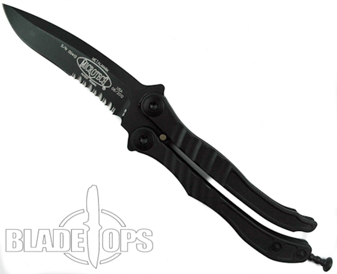 Microtech Tactical Metalmark Balisong Knife, DLC Black Combo Blade MT170-2T