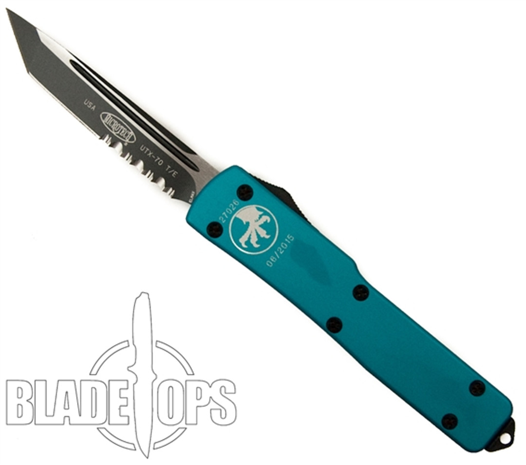 Microtech Turquoise UTX70 OTF Knife, DLC Black Part Serrated Tanto Edge Blade