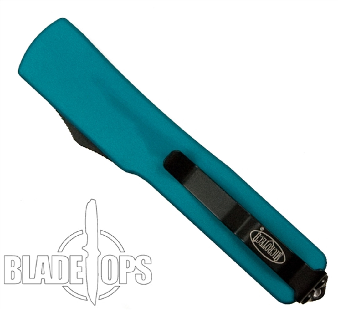 Microtech Turquoise UTX70 OTF Knife, DLC Black Part Serrated Tanto Edge Blade