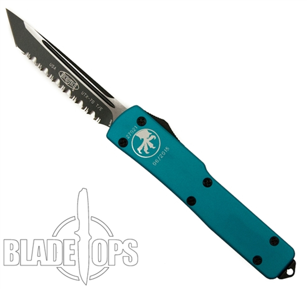 Microtech Turquoise Tanto UTX70 OTF Knife, Black Full Serrated Blade