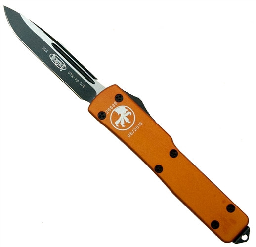 Microtech UTX70 OTF Knife, Drop Point Black Tactical, Orange Handle