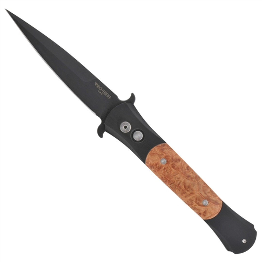 Pro-Tech Large Don Automatic Knife, Maple Burl Inlays, DLC Black Blade, 1907