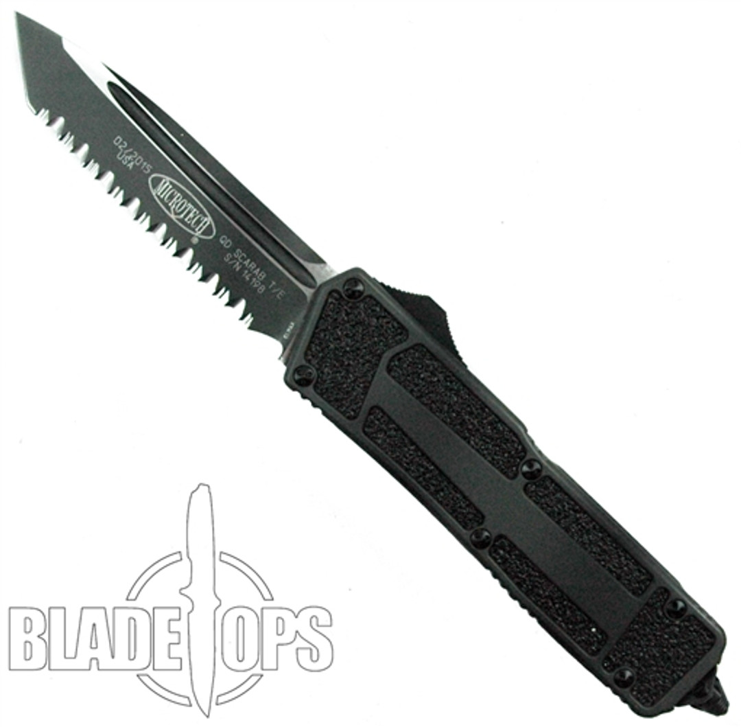 Microtech Green Camo QD Scarab OTF Knife, Serrated Tanto Blade