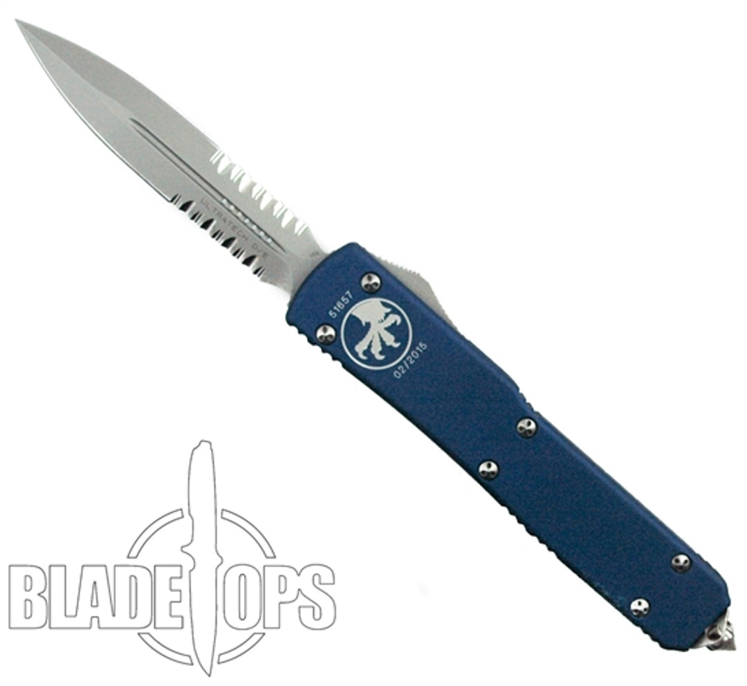 Microtech Blue Ultratech OTF Knife, Bead Blast Combo Dagger Blade