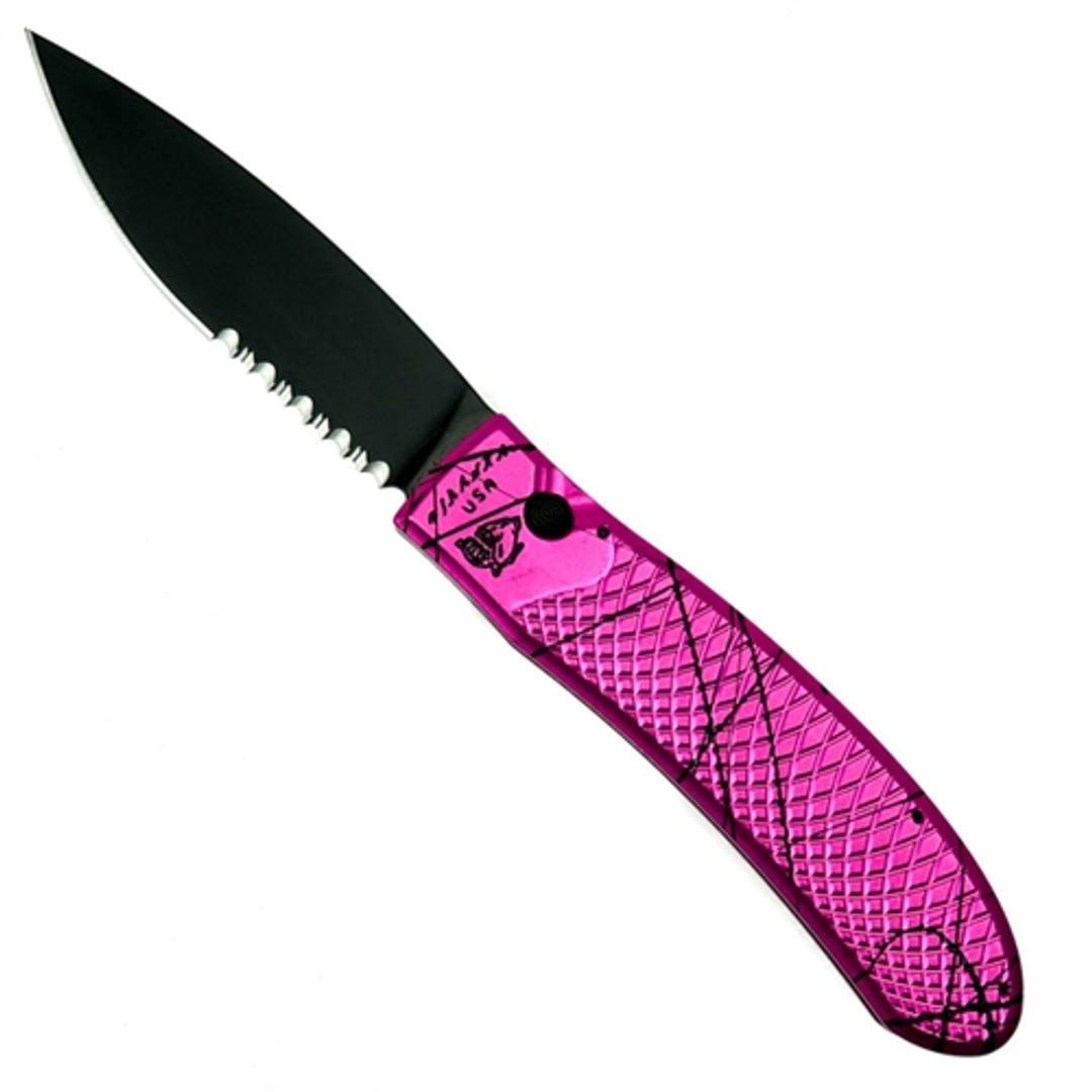 Piranha Pink Toxin Auto Knife, 154CM Black Combo Blade