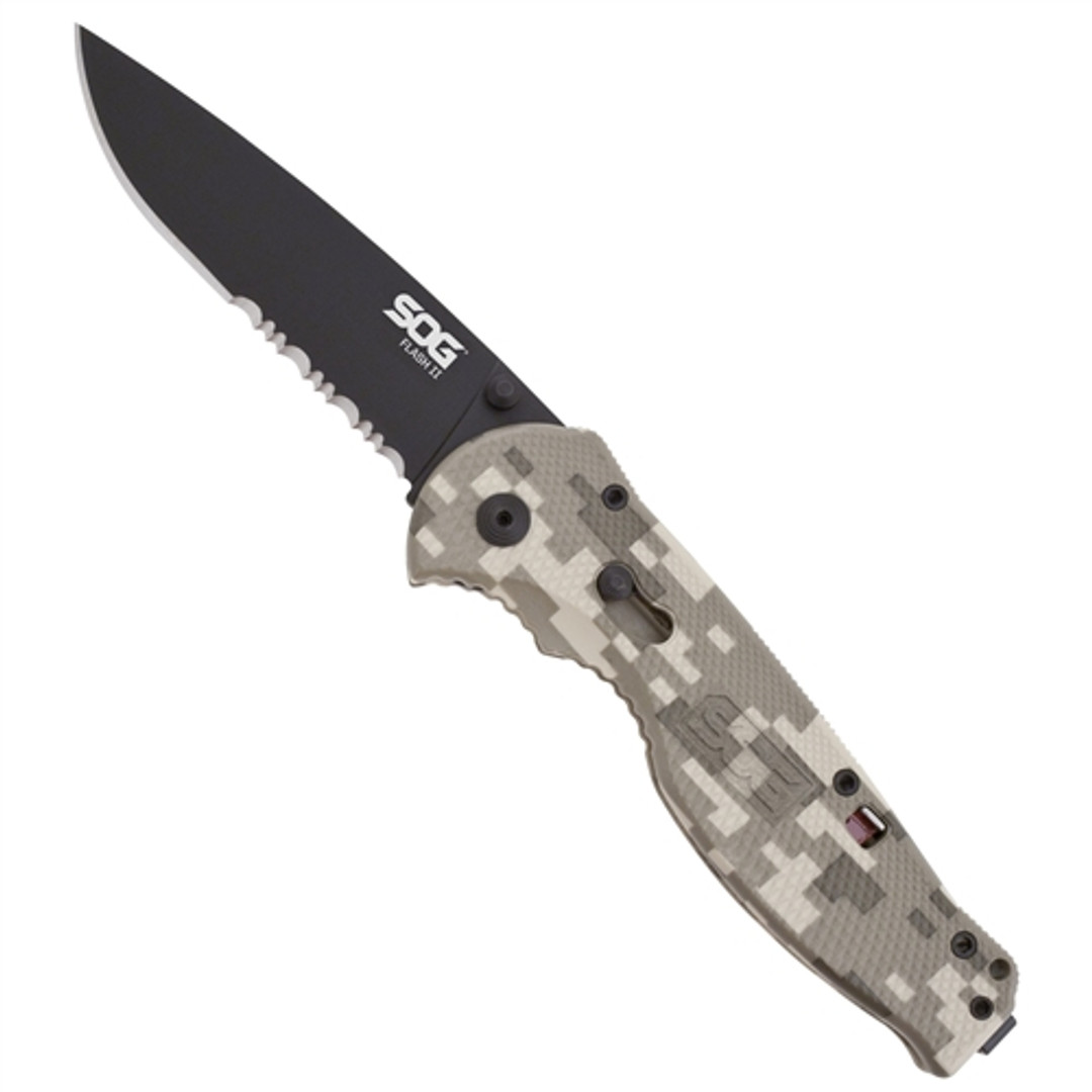 SOG FLASH II Spring Assisted Knife, DigiCamo Handle, Black TiNi Part Serrated Drop Point Blade, DFSA98