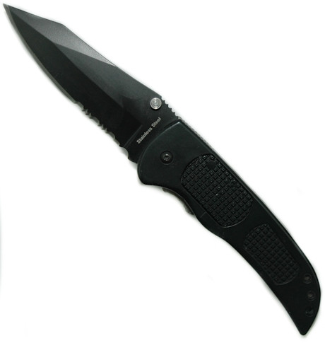 Hunter, Dual Action Automatic Knife, Black Handle, Hidden Release, Part Serrated 1