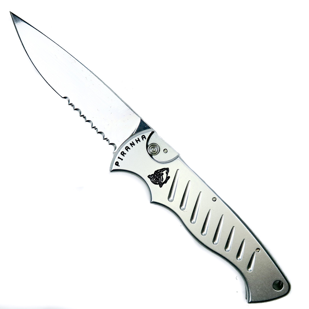 Piranha Silver Pocket Auto Knife, 154CM Mirror Combo Blade 