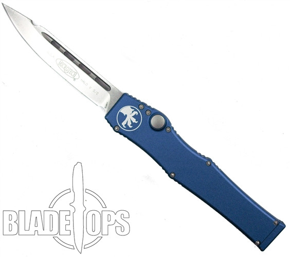 Microtech Blue Halo V OTF Automatic Knife, Single Edge Stonewash Blade