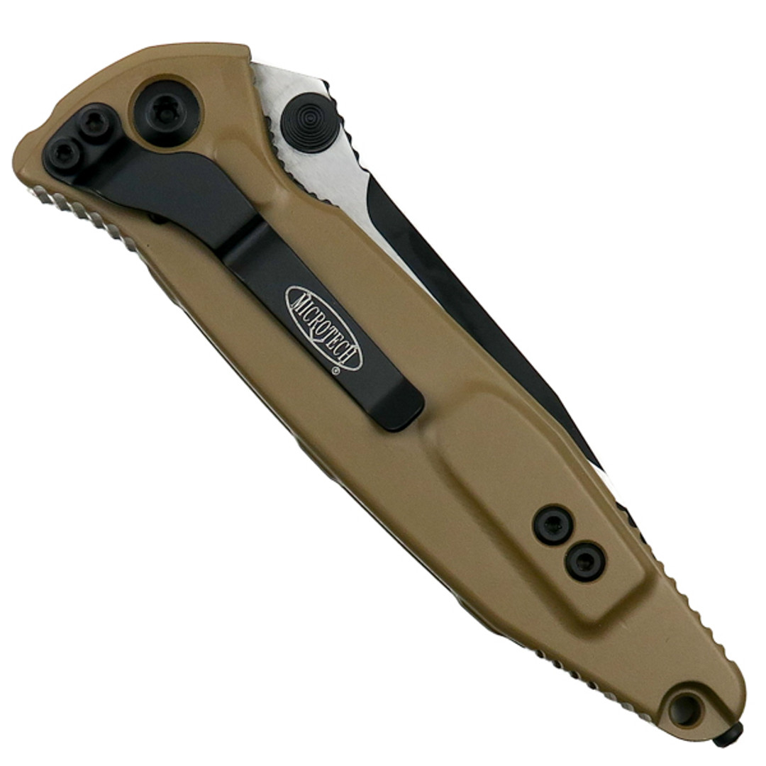 Microtech 160-1TA Tan Socom Elite S/E Folder Knife, Black Blade REAR VIEW