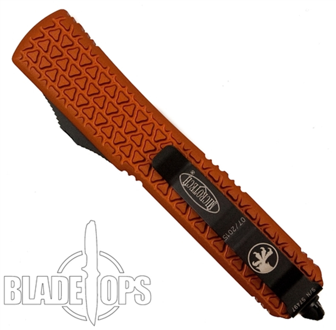 Microtech Orange Tri-Grip Ultratech OTF Automatic Knife,  Plain Black Drop Point Blade