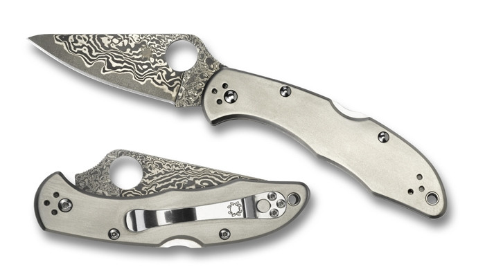 Spyderco Titanium Delica 4 Folder Knife, Damascus Blade REAR VIEW