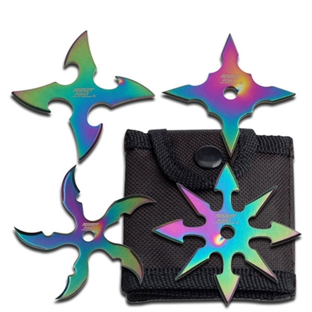 Perfect Point Throwing Stars, Set of 4, Rainbow, With Sheath