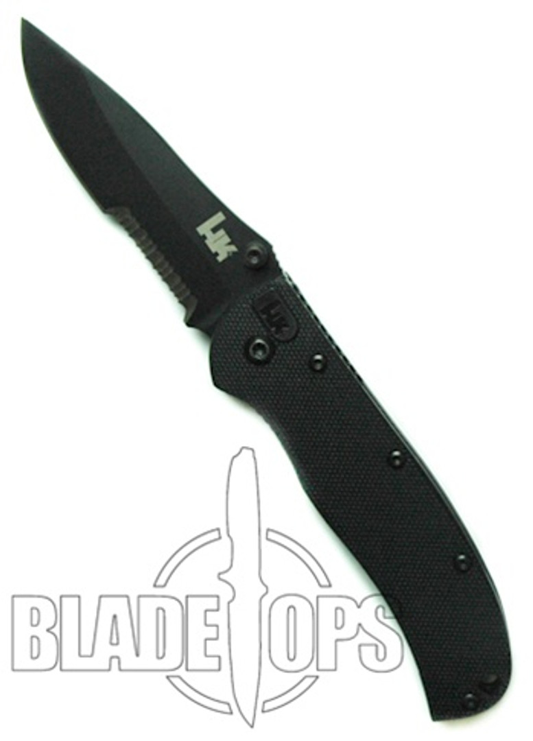 Benchmade H&K Mini Ascender Folder Knife, Black Tactical, Drop Point Part Serrated Edge, 14302SBT