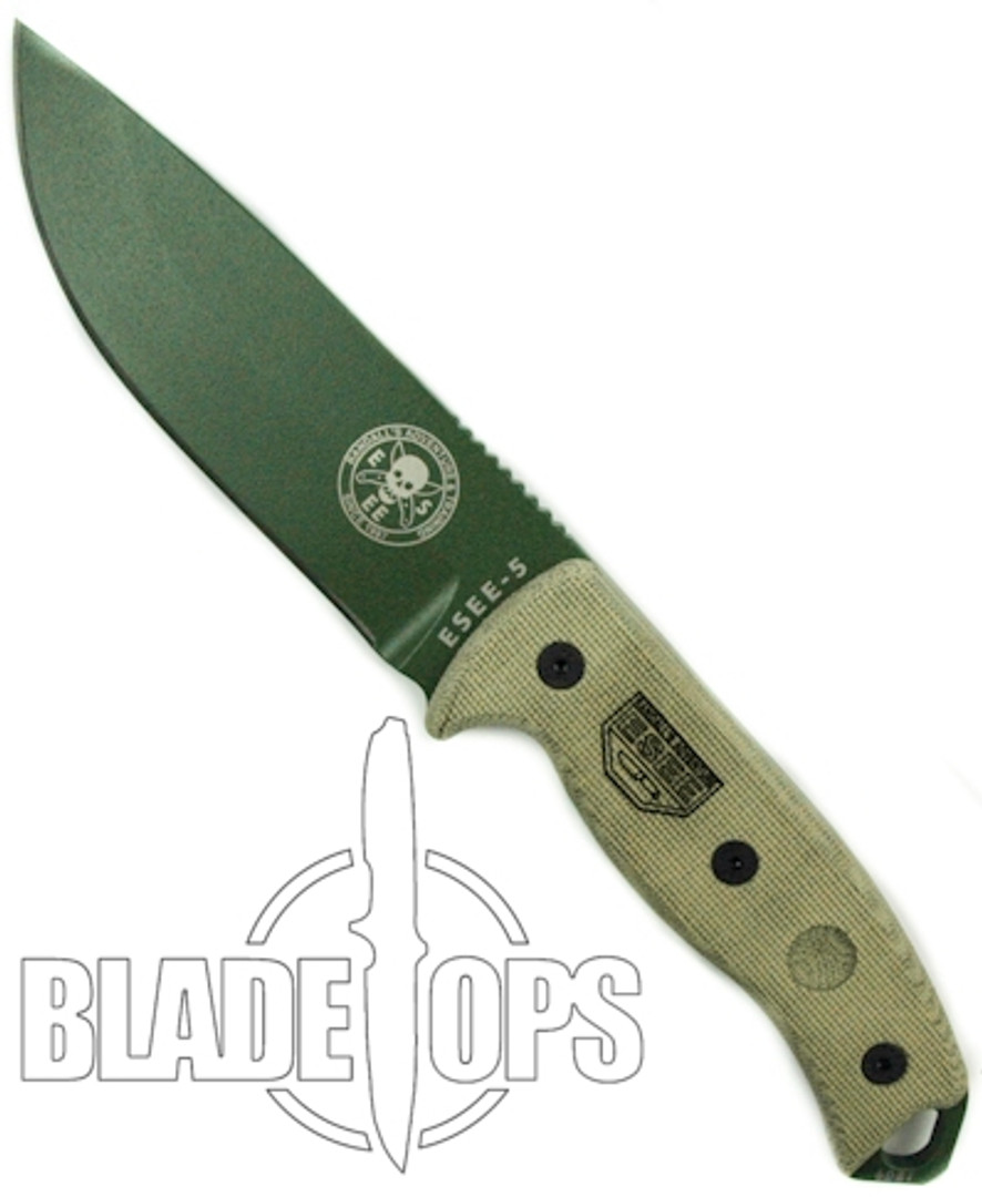 ESEE Knives ESEE-5P-OD Micarta Fixed Blade Knife, 1095 Carbon OD Green Blade