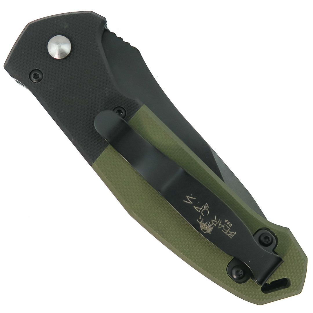 Bear OPS AC-500-B4-B Green/Black Bold Action V Compact Tanto Auto Knife, Black Blade, Clip View