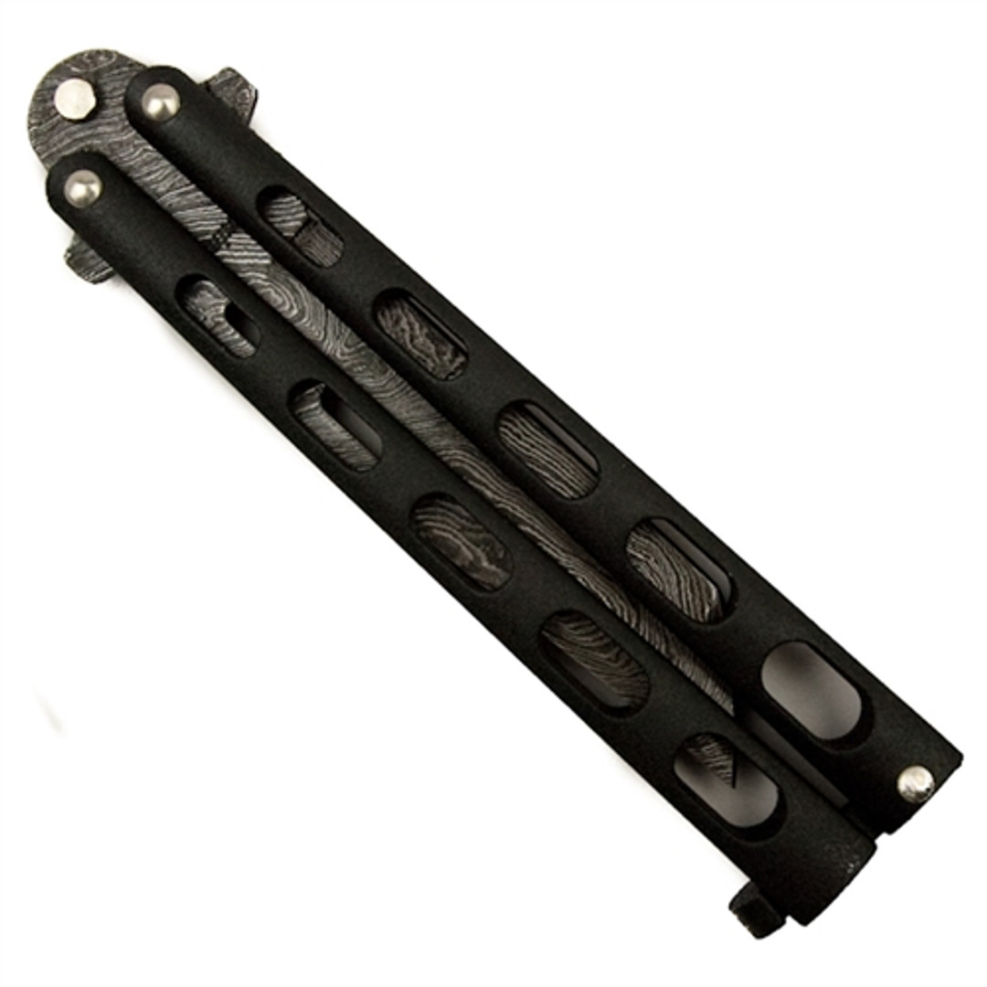 Remington Black Butterfly Knife, Damascus Drop Point Blade