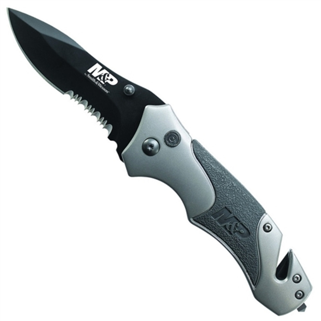 Smith & Wesson MP8BS Button Lock Knife, Drop Point Combo Blade