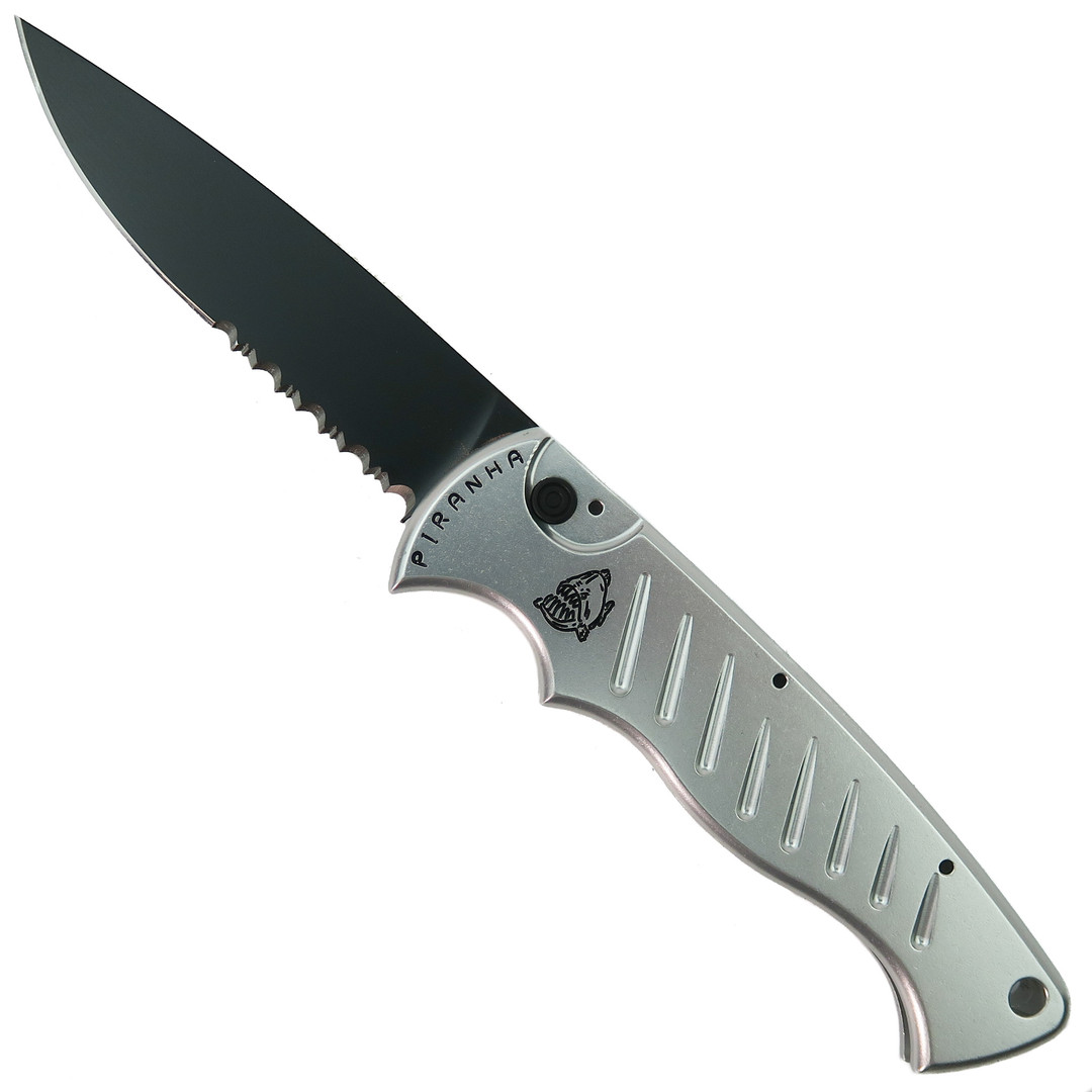 Piranha Silver Pocket Auto Knife, 154CM Black Combo Blade 