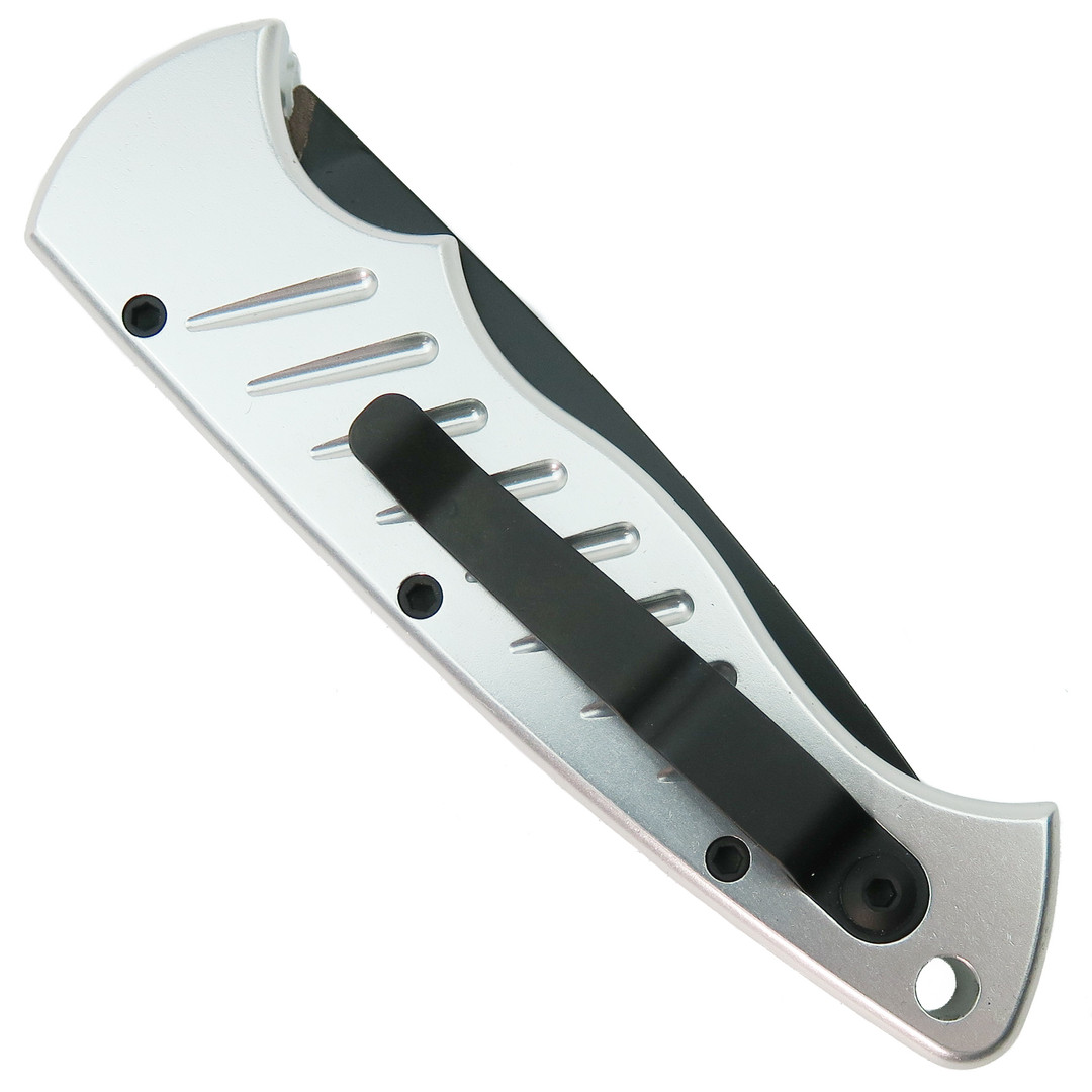 Piranha Silver Pocket Auto Knife, 154CM Black Combo Blade, Clip View