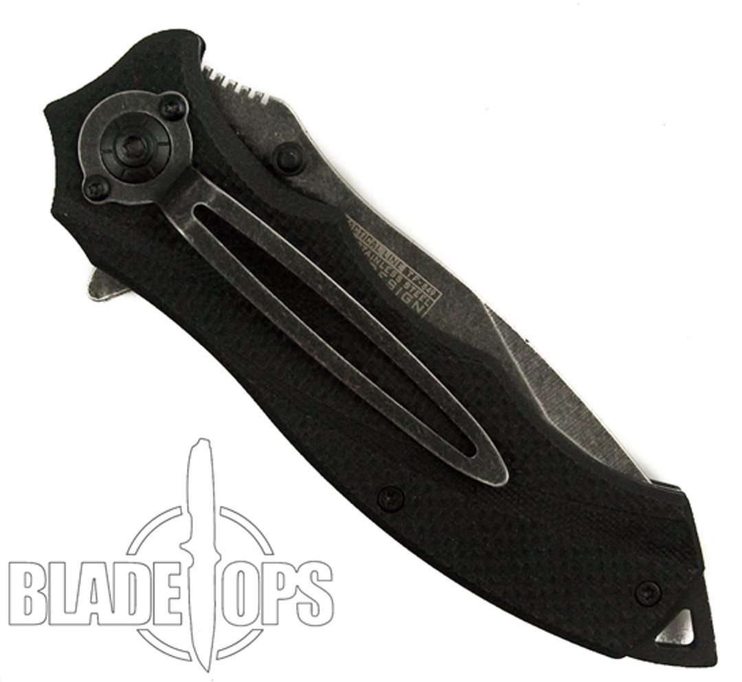 TacForce LinerLock Assist Knife, Black Stonewash Clip Blade
