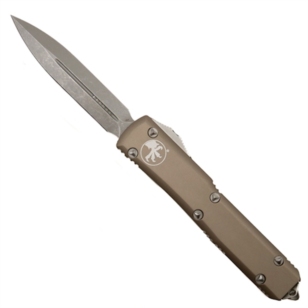 Microtech 122-10APCCTA Tan Contoured Ultratech D/E OTF Auto Knife, Apocalyptic Stonewash Blade