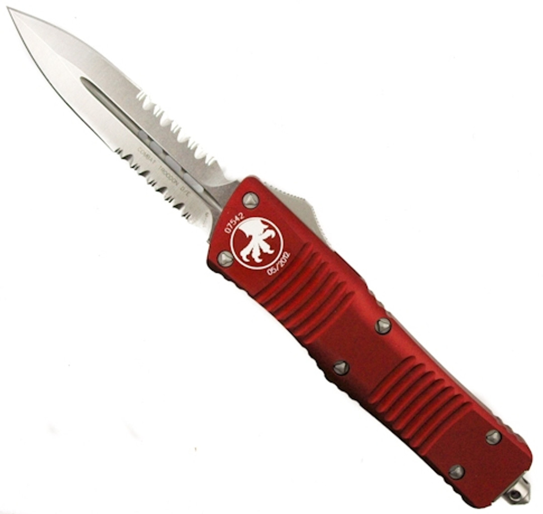 Microtech Red Combat Troodon OTF Knife, Stonewash Dual Combo Edge, MT142-11RD