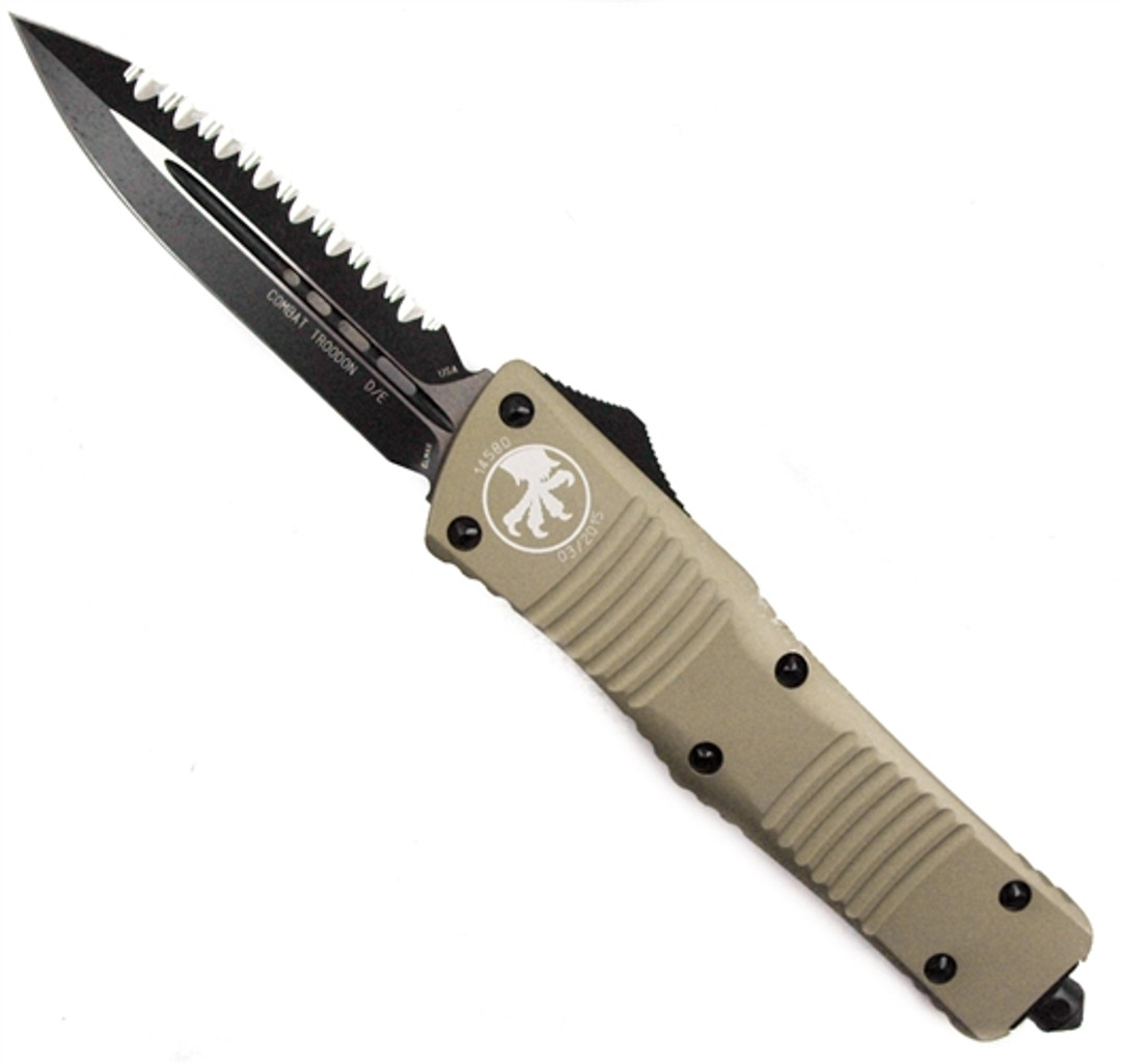 Microtech 142-3TA Tan Combat Troodon D/E OTF Auto Knife, Full Serrated Black Blade FRONT VIEW