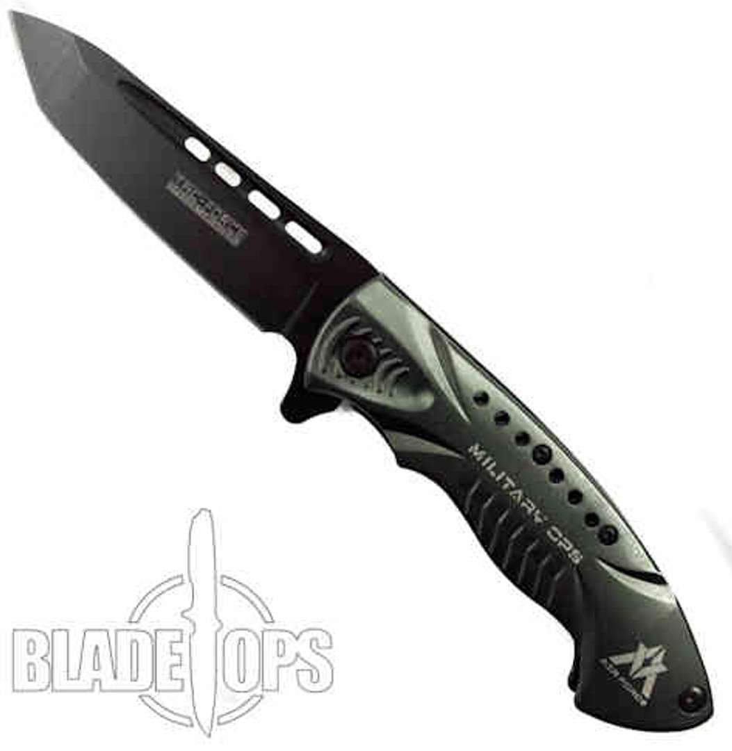 TacForce Military Black Ops Spring Assist Knife, Black Plain Blade