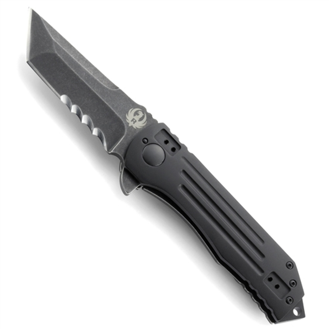 Ruger 2-Stage Compact Flipper Knife, Black Stonewash Combo Tanto Blade