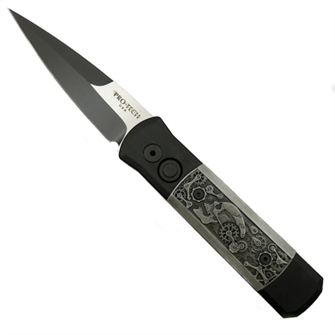 Pro-Tech Limited 7SP-6 Godson Auto Knife, Grey Steampunk, 154CM Black/Satin Blade