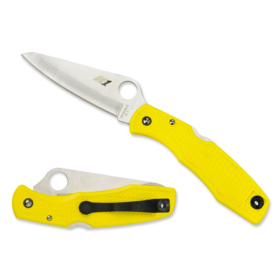 Spyderco Yellow Pacific Salt Lockback Knife H1 PlainEdge Blade REAR VIEW