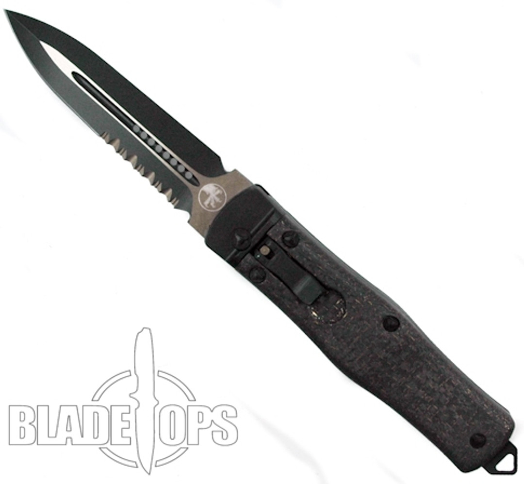 Microtech Limited Edition Lightning Strike OSS Cobra Knife, Black Tactical Combo False Double Edge Blade