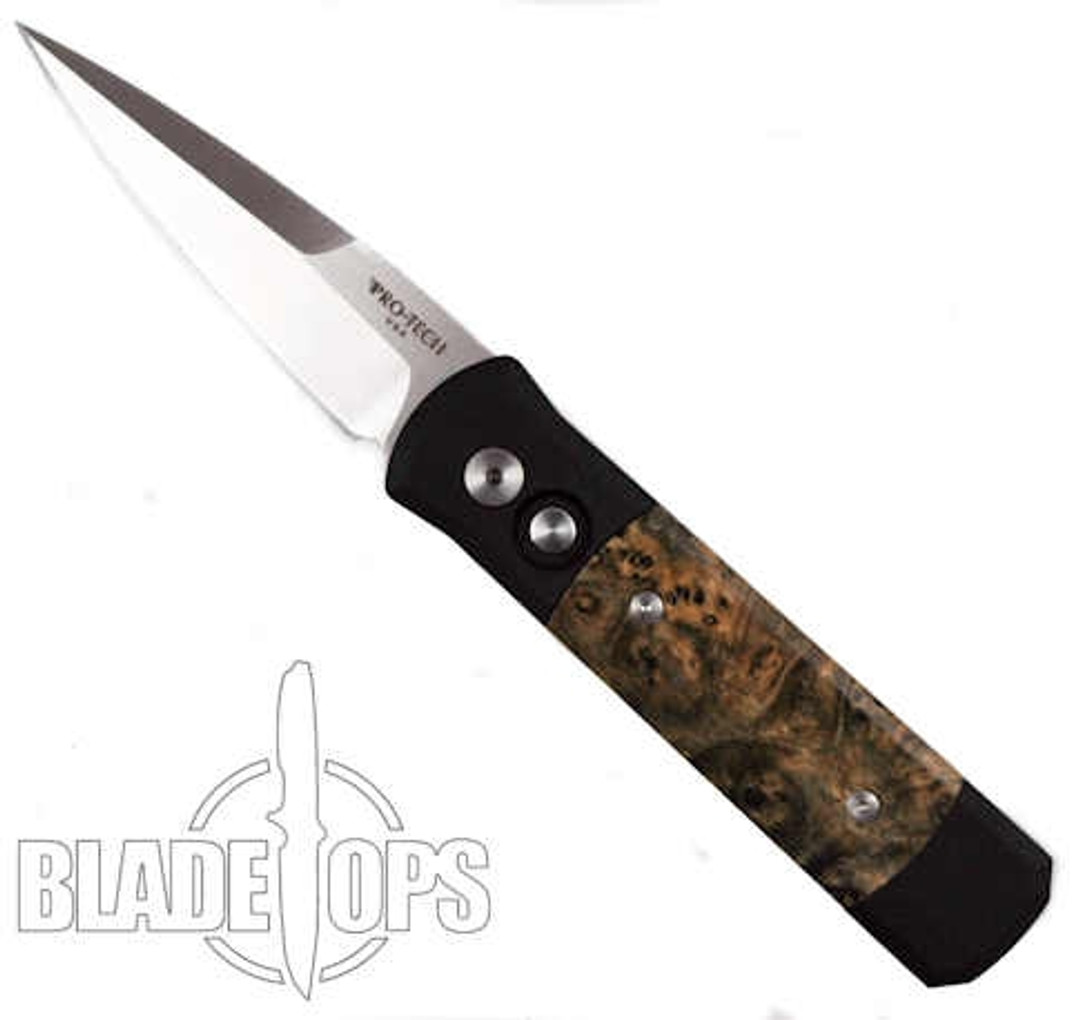 Pro-Tech Godson Auto Knife, Satin Plain Blade, Black Ash Burl Inlays