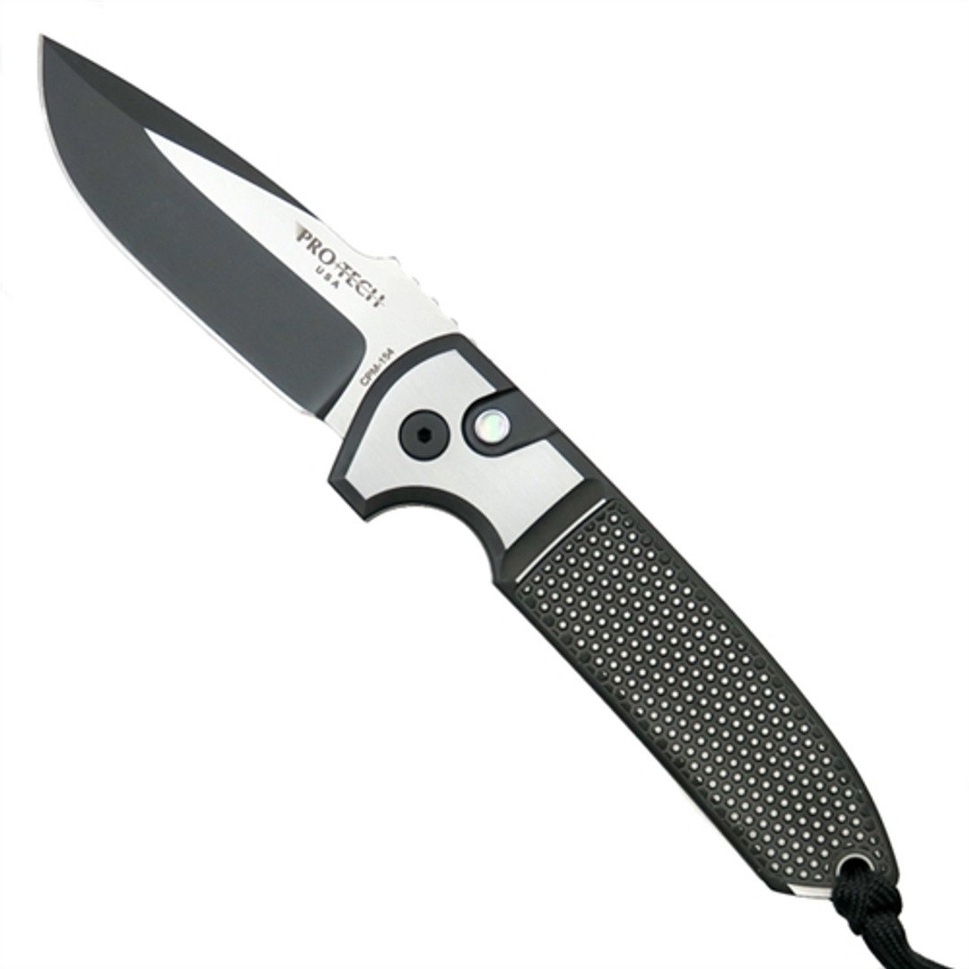 Pro-Tech Custom LGRS-8 Knurl Grip Rockeye Stainless Steel Auto Knife, CPM-154 Black/Satin Blade FRONT VIEW