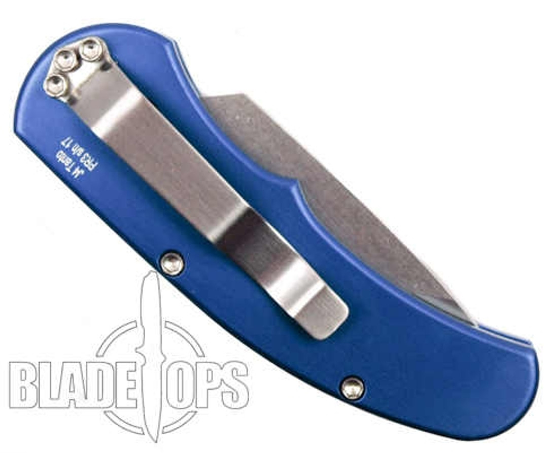 Pro-Tech Runt J4, Stonewash Double Ground Tanto Blade, Blue Handle