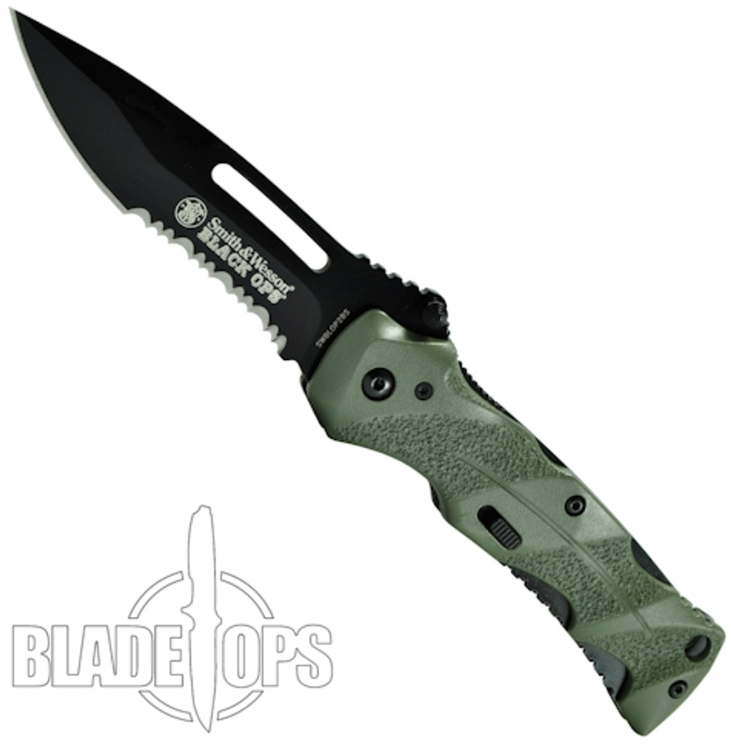 Smith & Wesson Black Ops Spring Assist Knife, Green, P/S, SWBLOP2GS