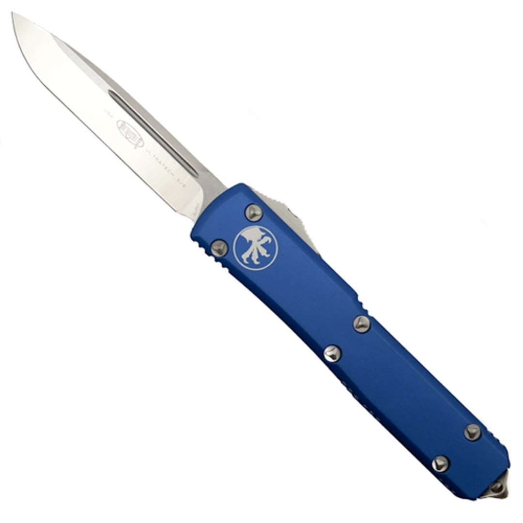 Microtech 121-4CCBL Blue Contoured Ultratech S/E OTF Auto Knife, Satin Blade FRONT VIEW