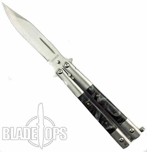Transformer Butterfly Knife, Black Pearlex Handle, Satin Blade