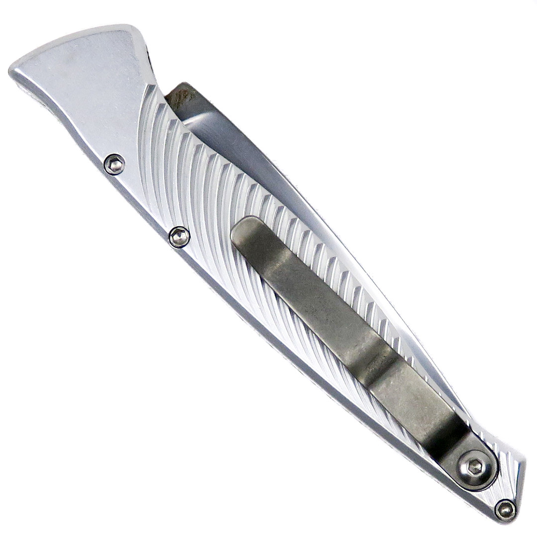 Piranha Silver DNA Auto Knife, CPM-S30V Mirror Combo Blade  Clip View