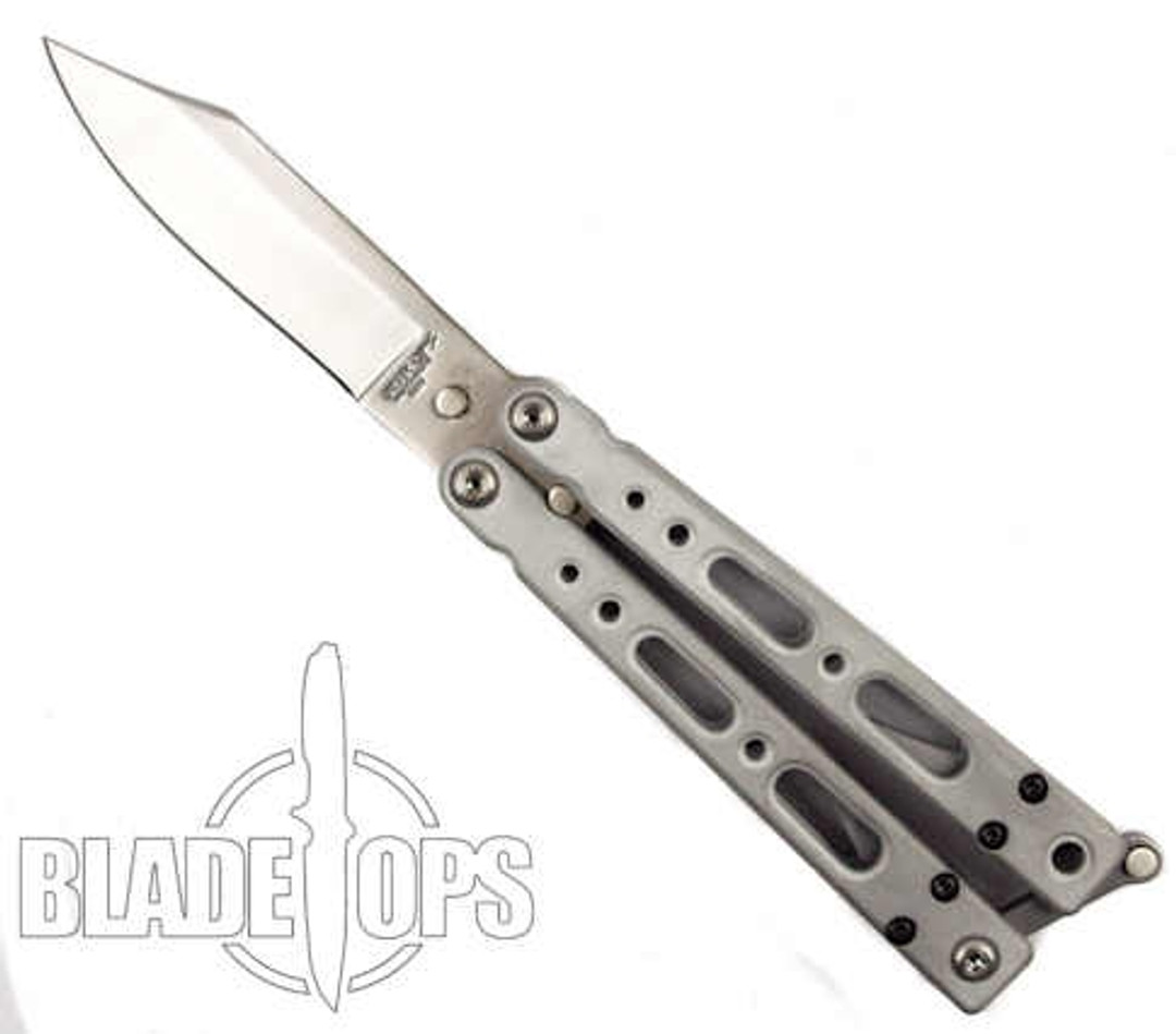 Bear Ops Silver Bear Song IV Butterfly Knife, 4.25" Satin Bowie Clip Blade