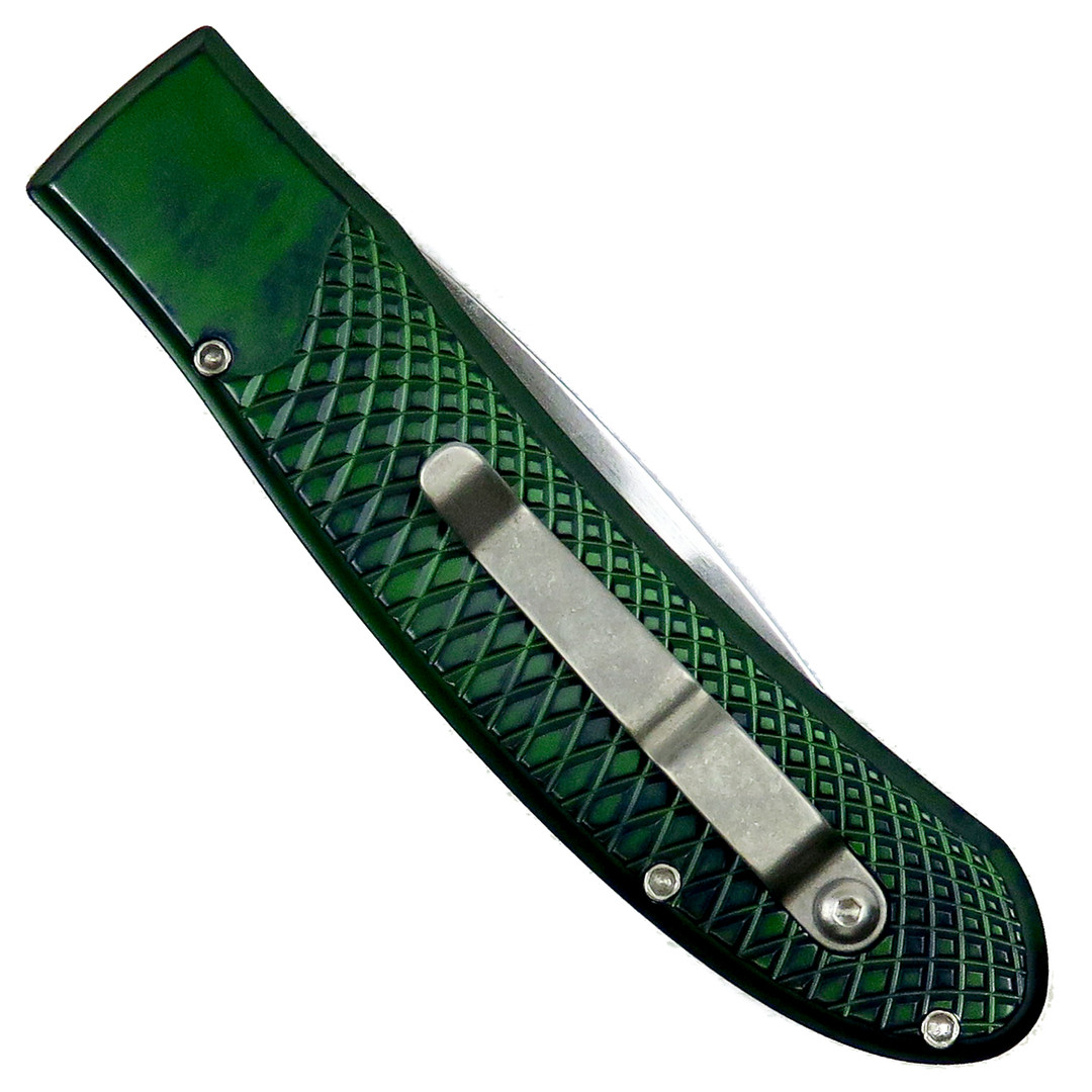 Piranha Green Toxin Auto Knife, 154CM Mirror Blade Clip View