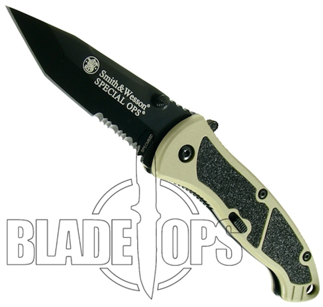Smith & Wesson Special Ops Medium Assisted Knife, Tanto Combo Blade, Desert Handle