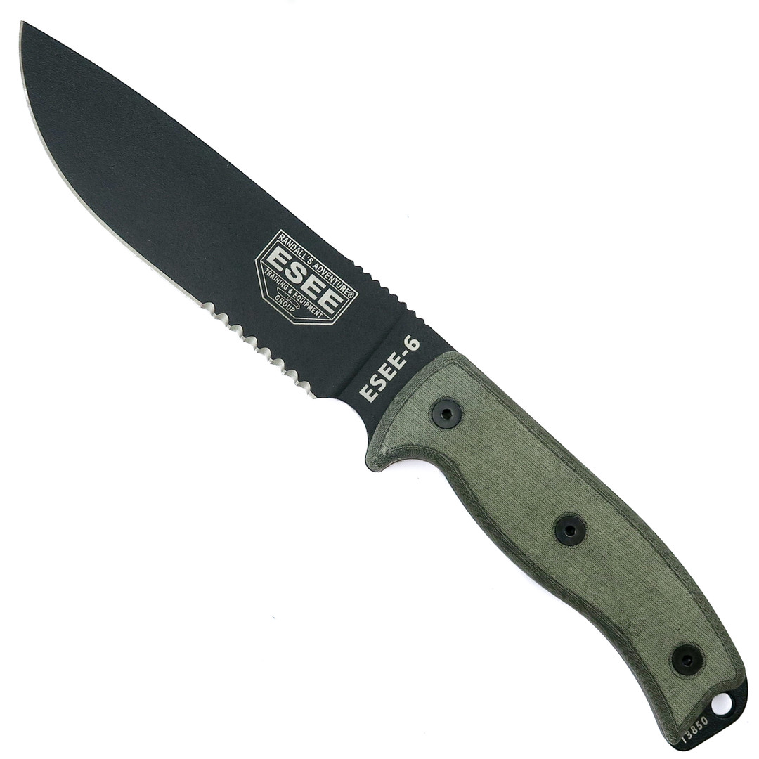 ESEE Knives 6 Fixed Blade Knife, Black Part Serrated Blade, Linen Micarta Handle, Olive Drab Sheath, 6S-OD