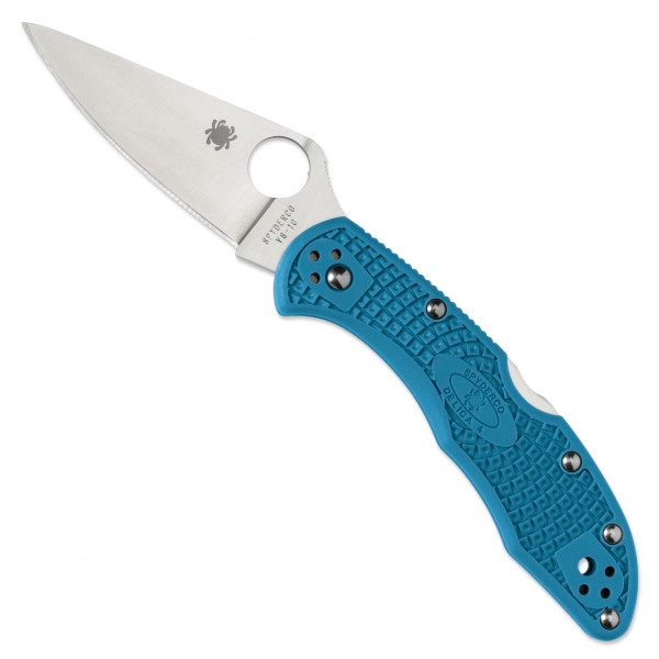 Spyderco Blue Delica 4 Folder Knife, VG-10 Satin Blade FRONT VIEW