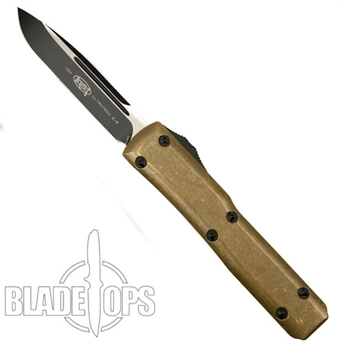 Microtech Brass Ultratech OTF Knife, Black Drop Point Blade